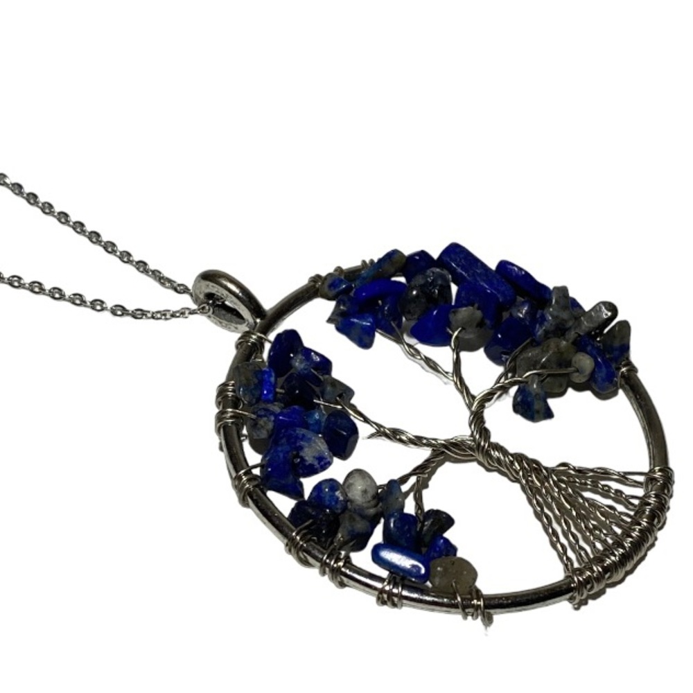 Blue Golden Gemstone Wire Wrapped Tree Of Life Pendant Necklace Silver Tone